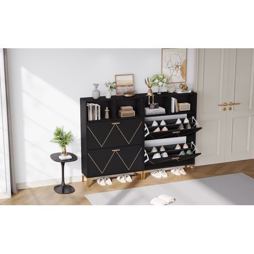 Grand Meuble à Chaussures Noir Et Or Avec 4 Portes Et 8 Compartiments