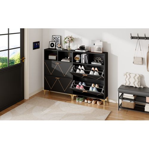 Grand Meuble à Chaussures Noir Et Or Avec 4 Portes Et 8 Compartiments