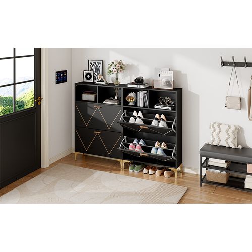 Grand Meuble à Chaussures Noir Et Or Avec 4 Portes Et 8 Compartiments