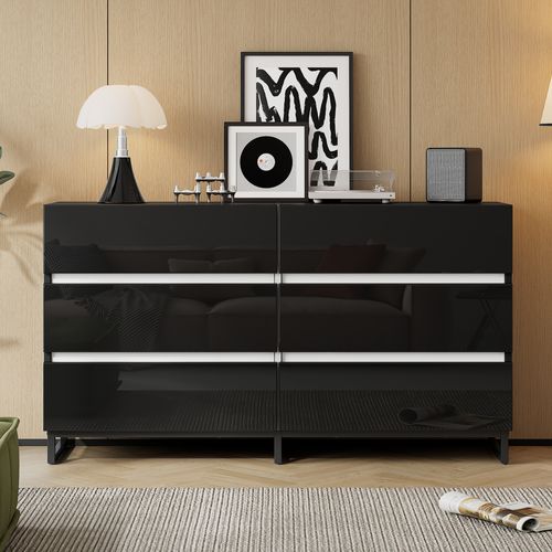 Commode Noir 140 Cm Avec 6 Tiroirs Et Pieds Métalliques Stables