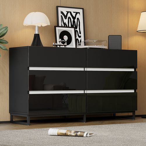 Commode Noir 140 Cm Avec 6 Tiroirs Et Pieds Métalliques Stables