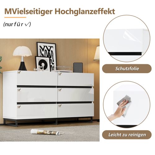 Commode Blanc 140 Cm Avec 6 Tiroirs Et Pieds Métalliques Stables