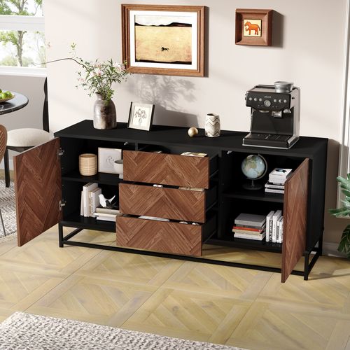 Buffet 145 Cm Bois Et Métal Avec Tiroirs Et Portes