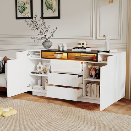 Buffet Moderne 140 Cm Blanc Et Noir Avec LED Et 3 Tiroirs