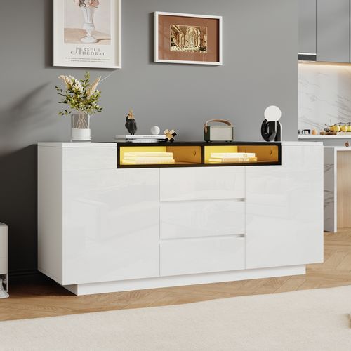 Buffet Moderne 140 Cm Blanc Et Noir Avec LED Et 3 Tiroirs