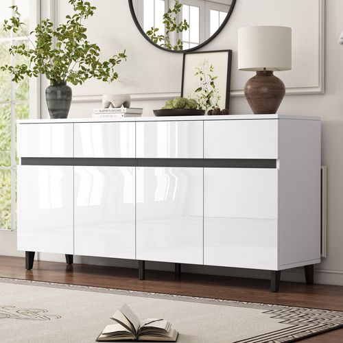 Buffet Blanc Moderne Haut Brillant Avec 4 Tiroirs, 4 Portes Et Étagères Modulables