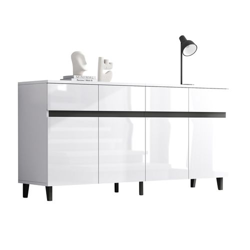 Buffet Blanc Moderne Haut Brillant Avec 4 Tiroirs, 4 Portes Et Étagères Modulables