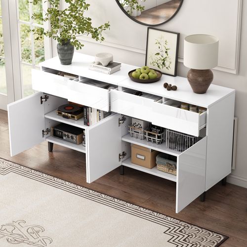 Buffet Blanc Moderne Haut Brillant Avec 4 Tiroirs, 4 Portes Et Étagères Modulables