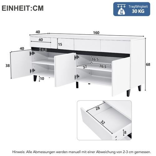 Buffet Blanc Moderne Haut Brillant Avec 4 Tiroirs, 4 Portes Et Étagères Modulables