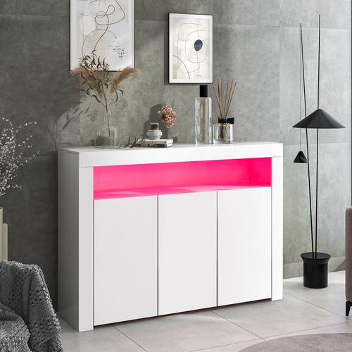 Buffet Blanc Laqué 3 Portes Avec Éclairage LED, Meuble De Rangement Moderne 130 Cm