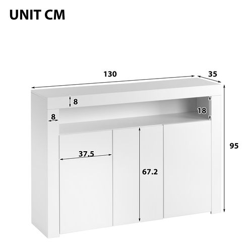 Buffet Blanc Laqué 3 Portes Avec Éclairage LED, Meuble De Rangement Moderne 130 Cm