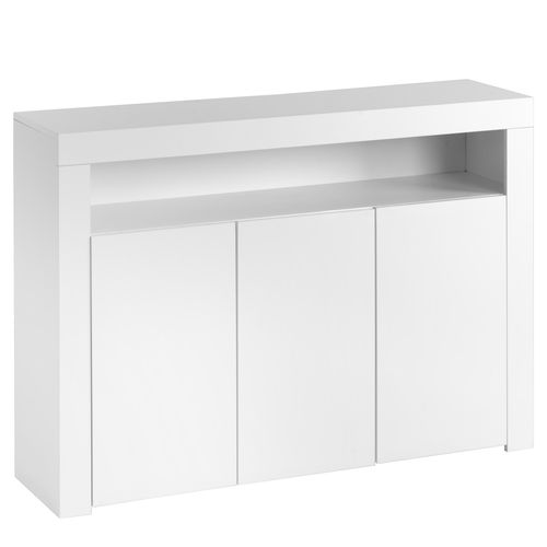 Buffet Blanc Laqué 3 Portes Avec Éclairage LED, Meuble De Rangement Moderne 130 Cm
