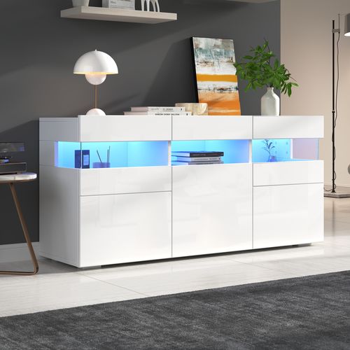 Buffet Blanc Laqué 140 Cm Avec LED Et Portes Acryliques