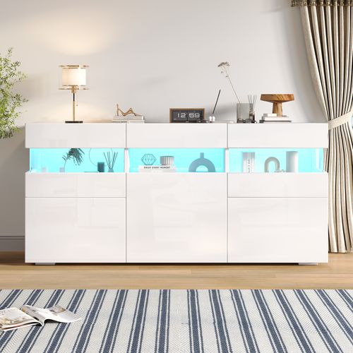Buffet Blanc Laqué 140 Cm Avec LED Et Portes Acryliques