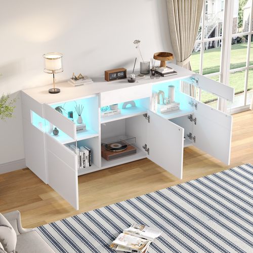 Buffet Blanc Laqué 140 Cm Avec LED Et Portes Acryliques