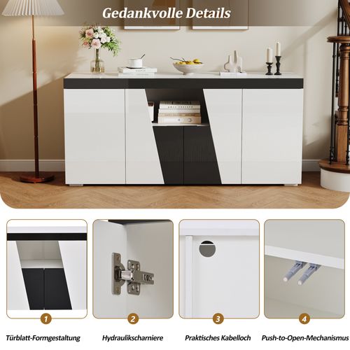 Buffet Noir Et Blanc 140 Cm Avec LED Et Portes Inclinées