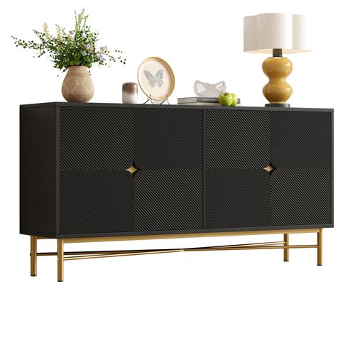 Buffet Moderne 4 Portes Avec Texture Relief, Poignées Dorées Et Pieds Laqués Noirs 160×40×82 Cm
