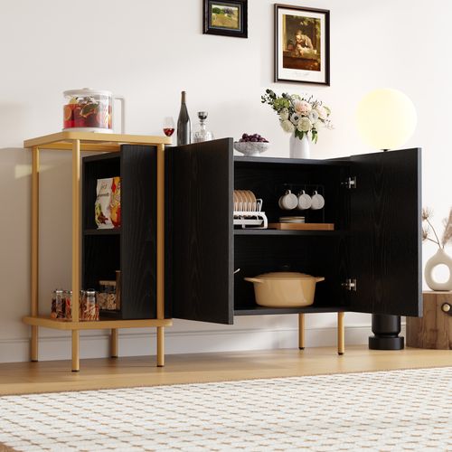Buffet Moderne Noir 2 Portes Avec Niches Ouvertes Et Pieds Métalliques 120×40×77,5 Cm