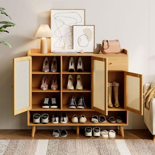 Meuble à Chaussures En Rotin Naturel 3 Portes, 1 Tiroir Et 5 Étagères 120×35×106 Cm