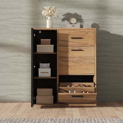 Meuble à Chaussures Moderne 1 Tiroir, 2 Compartiments Pivotants Et 1 Porte 80×24×95,5 Cm