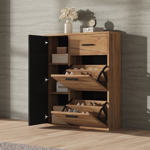 Meuble à Chaussures Moderne 1 Tiroir, 2 Compartiments Pivotants Et 1 Porte 80×24×95,5 Cm