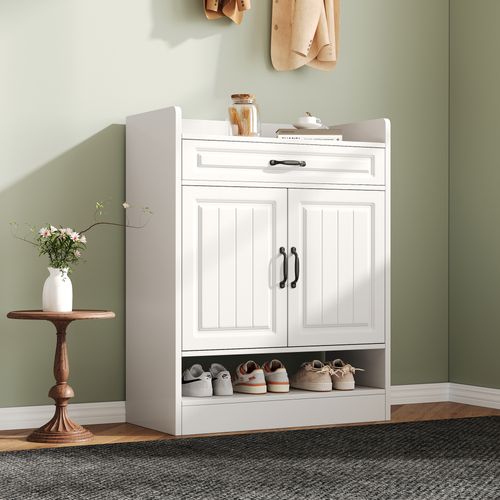 Meuble à Chaussures Moderne Blanc Avec Tiroir, 2 Portes Et Étagères Réglables 75×36×95,5 Cm
