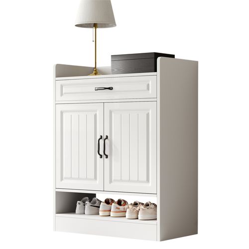 Meuble à Chaussures Moderne Blanc Avec Tiroir, 2 Portes Et Étagères Réglables 75×36×95,5 Cm