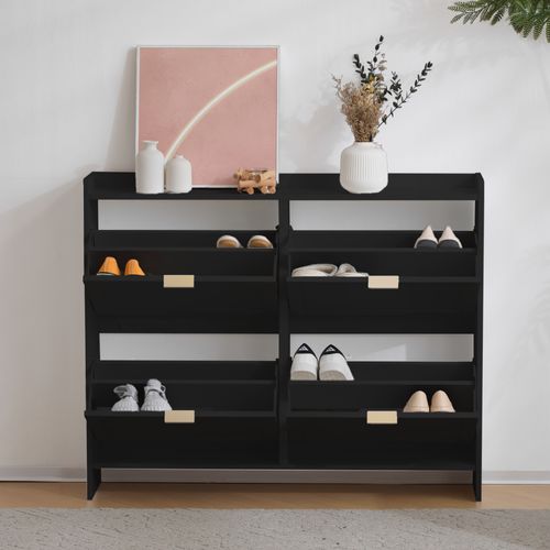 Meuble à Chaussures Moderne Noir Avec 4 Clapets, Étagères Ouvertes Et Rangement 110×24×90 Cm