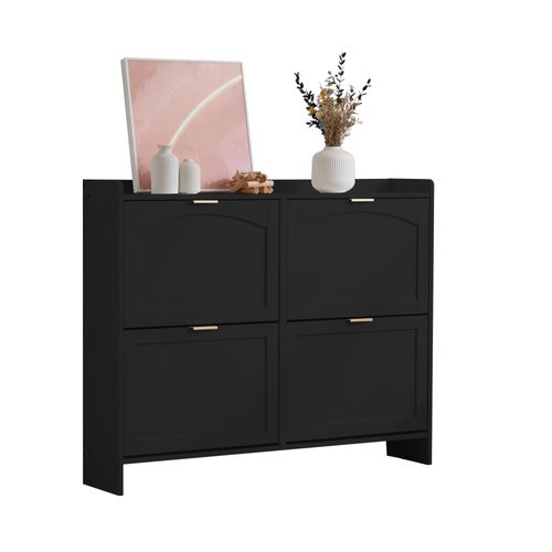 Meuble à Chaussures Moderne Noir Avec 4 Clapets, Étagères Ouvertes Et Rangement 110×24×90 Cm