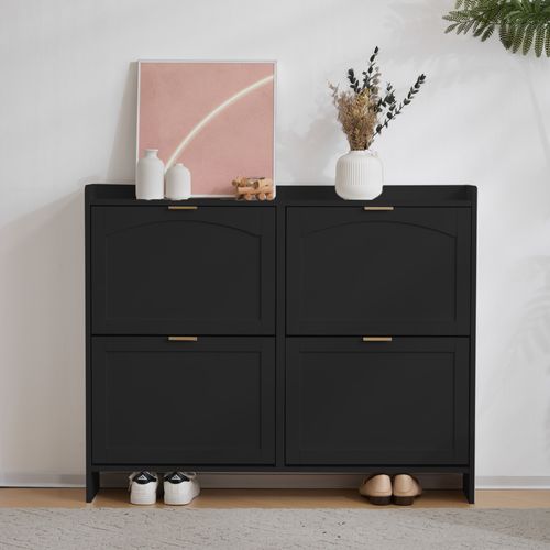 Meuble à Chaussures Moderne Noir Avec 4 Clapets, Étagères Ouvertes Et Rangement 110×24×90 Cm