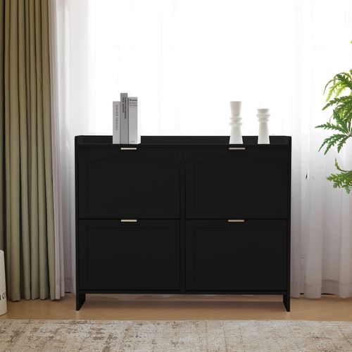 Meuble à Chaussures Moderne Noir Avec 4 Clapets, Étagères Ouvertes Et Rangement 110×24×90 Cm