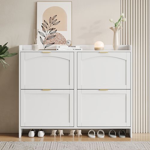 Meuble à Chaussures Moderne Blanc Avec 4 Clapets, Étagères Ouvertes Et Rangement 110×24×90 Cm