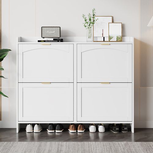 Meuble à Chaussures Moderne Blanc Avec 4 Clapets, Étagères Ouvertes Et Rangement 110×24×90 Cm