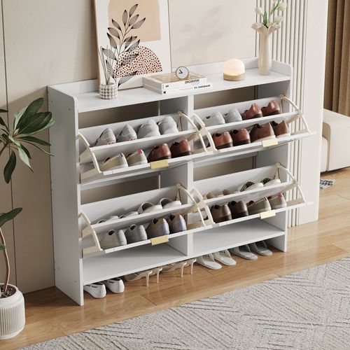 Meuble à Chaussures Moderne Blanc Avec 4 Clapets, Étagères Ouvertes Et Rangement 110×24×90 Cm