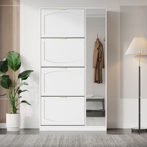 Meuble à Chaussures Moderne Blanc Avec Miroir Et 4 Clapets, Étagères Réglables 80×24×147 Cm