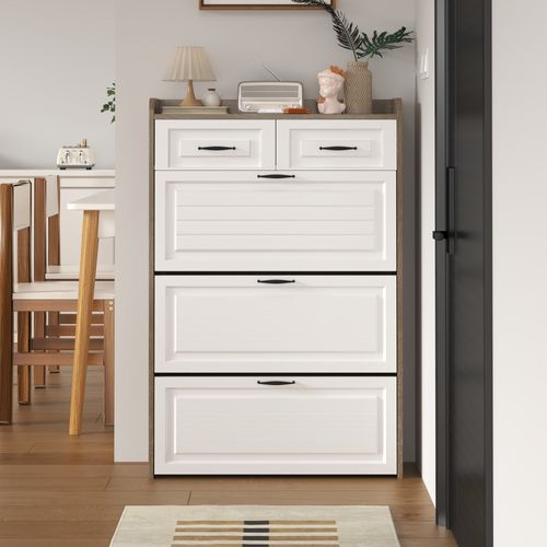 Meuble à Chaussures Moderne Blanc Avec 3 Clapets Rotatifs Et 2 Tiroirs 80×23,5×131 Cm