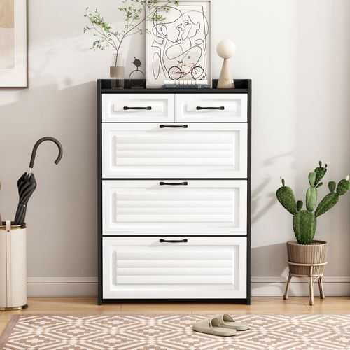 Meuble à Chaussures Rotatif Blanc Avec 3 Clapets Et 2 Tiroirs, Design Moderne 80×23,5×131 Cm