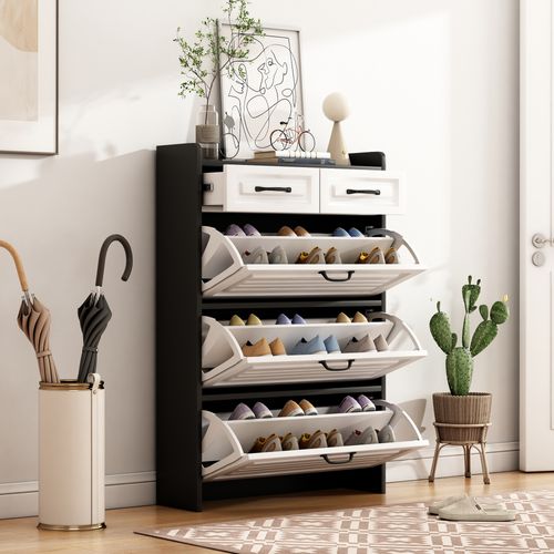 Meuble à Chaussures Rotatif Blanc Avec 3 Clapets Et 2 Tiroirs, Design Moderne 80×23,5×131 Cm