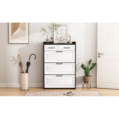 Meuble à Chaussures Rotatif Blanc Avec 3 Clapets Et 2 Tiroirs, Design Moderne 80×23,5×131 Cm