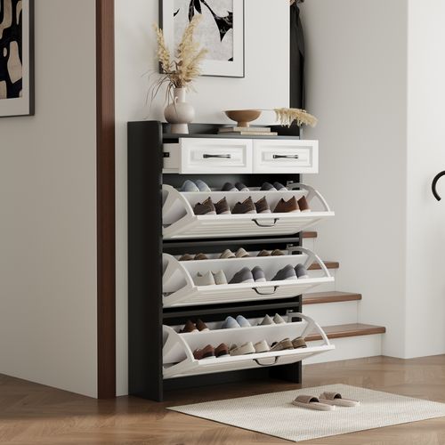 Meuble à Chaussures Rotatif Blanc Avec 3 Clapets Et 2 Tiroirs, Design Moderne 80×23,5×131 Cm