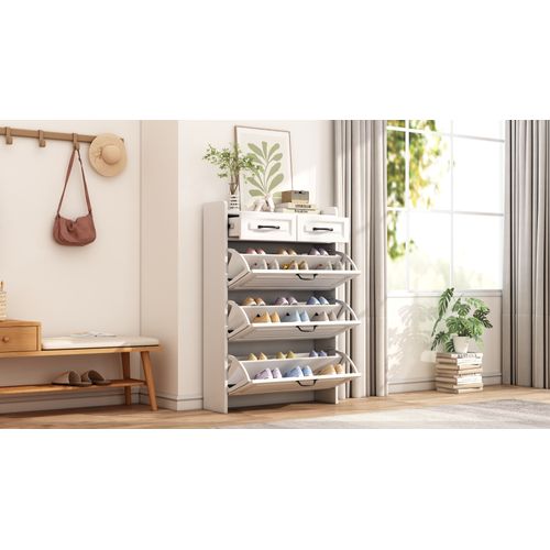 Meuble à Chaussures Moderne Blanc Avec 3 Clapets Et 2 Tiroirs, Rangement Spacieux 80×23,5×131 Cm