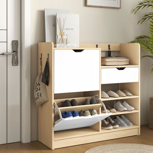 Meuble à Chaussures Avec Tiroirs Basculants, Étagères Et Crochets, Naturel