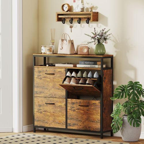 Meuble à Chaussures 4 Tiroirs Rabattables, Design Industriel, Métal Et Bois