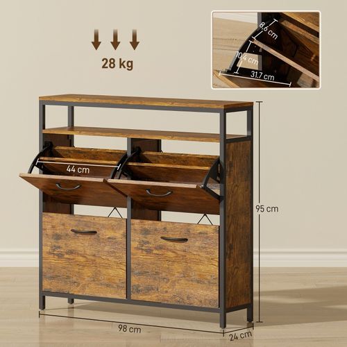 Meuble à Chaussures 4 Tiroirs Rabattables, Design Industriel, Métal Et Bois