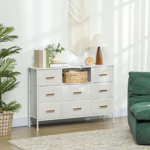 Commode 8 Tiroirs En Tissu Crème Avec Prise Intégrée, Cadre Acier, Pour Intérieur