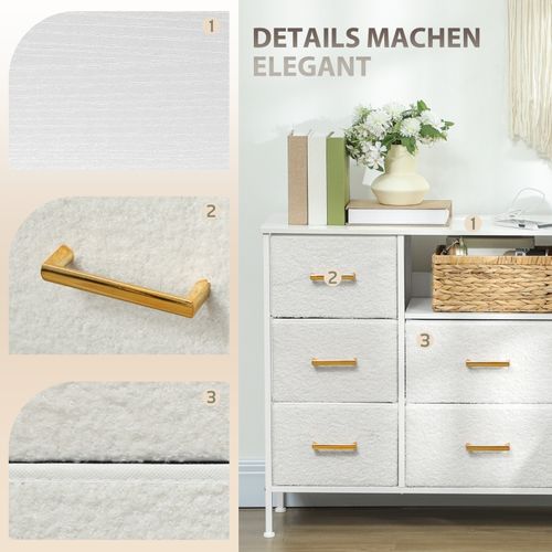 Commode 8 Tiroirs En Tissu Crème Avec Prise Intégrée, Cadre Acier, Pour Intérieur