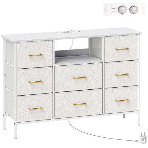 Commode 8 Tiroirs En Tissu Crème Avec Prise Intégrée, Cadre Acier, Pour Intérieur