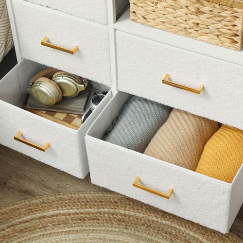 Commode 8 Tiroirs En Tissu Crème Avec Prise Intégrée, Cadre Acier, Pour Intérieur