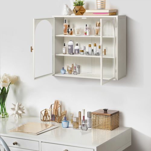 Meuble Mural 70cm 2 Portes Avec Motif Tressé Et Étagères En Verre Moderne