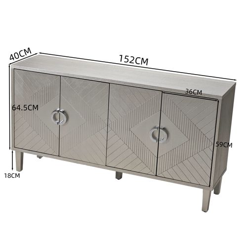 Buffet 152cm 4 Portes Mdf Avec Pieds En Pin, Style Moderne Et Fonctionnel, Champagne